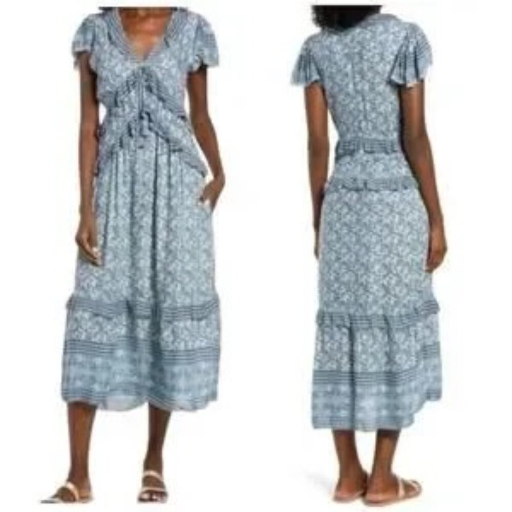 Faherty Bonita Floral Print Ruffle Tiered Dress Blue Flutter Sleeve -Size XL - Picture 2 of 9